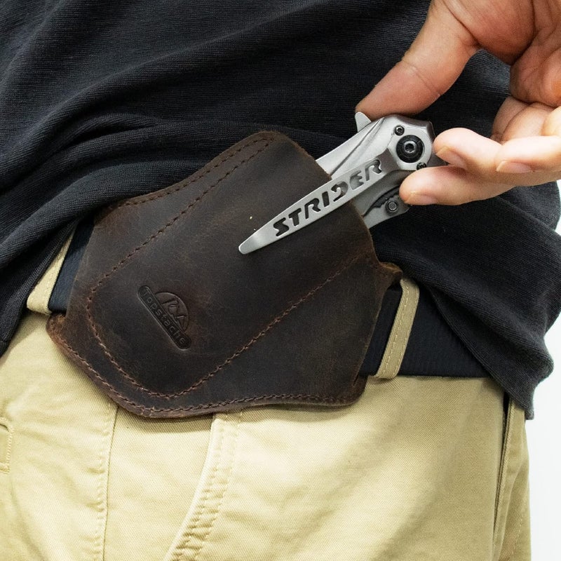 topstache Handmade Leather Pocket Knife Sheath for Belt,EDC Belt Folding Knife Sheath for Man,Cross Draw Right Side Carry Open Top Knife Sheath for 5 inch Folding Knife,DarkBrown - Image 2